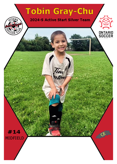 Draft version of the 2024 soccer card for Tobin Gray-Chu.

While main colour scheme continues to be red/yellow, there's significantly more white space as the image borders take on the hexagon/pentagon pattern of a soccer ball.

The team has changed from Greater Sudbury Impact to Ottawa Internationals.