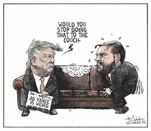 A drawing of:
A couch. Donald Trump sitting on the left holding a newspaper with the headline "JD VANCE IS WEIRD", looking over at Vance on the other end of the couch, having sex with it. 
Trump is asking, "Will you stop doing that to the couch?"
