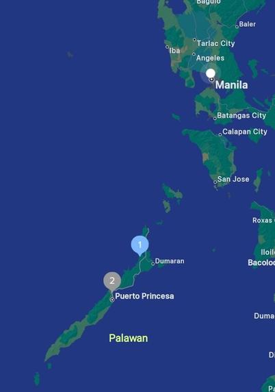 The island province of Palawan on the Philippine map.
