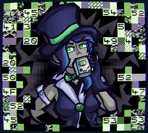 My OC (Zvanna), a gray-skinned magician lady, wearing a purple top hat with a green ribbon, a purple coat with lavender accents and a green bowtie. She has angular purple hair with blue streaks, glowing green eyes, and is looking up and to the right. She is drinking out of a Gameboy-shaped mug, which has a dead expression. she is standing inside a crack, breaking into a gameboy screen, which is glitching due to her presence. Various numbers are visible on the screen, as well as flickering tiles.