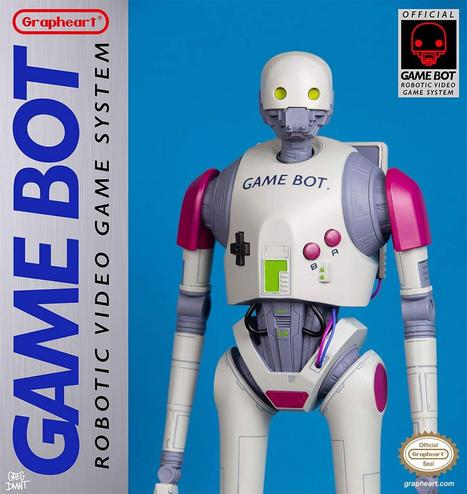 A custom robot toy painted with a Game Boy theme.