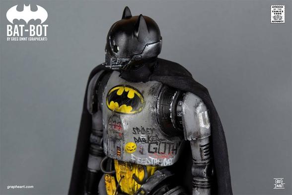 A robot toy customized to look like Batman.