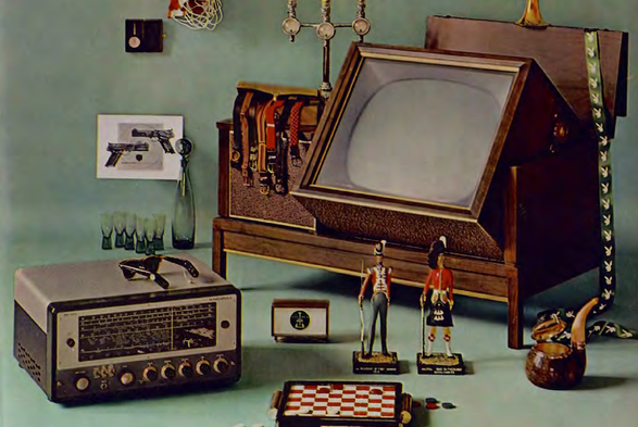 1959 Vintage Electronics Display

A collection of old-fashioned television equipment and accessories, including a wooden console, various knobs and dials, a projector, and other items that suggest a mid-20th century setting.
There's also a character resembling a cowboy or Western figure in the background.