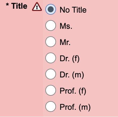 Screenshot von Conftool. Man muss seinen Titel eintragen: Ms. oder Mr., Dr. (f) oder Dr. (m), Prof. (f) oder Prof. (m).