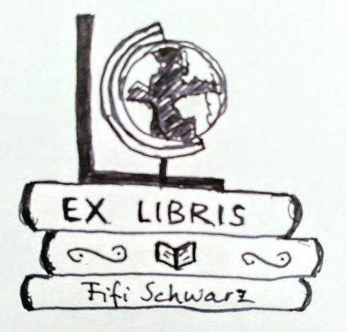 Illustratie: 
ExLibris Fifi Schwarz
Wereldbol op een stapel van drie boeken.

Op de rug van het bovenste boek staat Ex Libris
Op de middelste een afbeelding van een opengeslagen boek
Op de onderste Fifi Schwarx