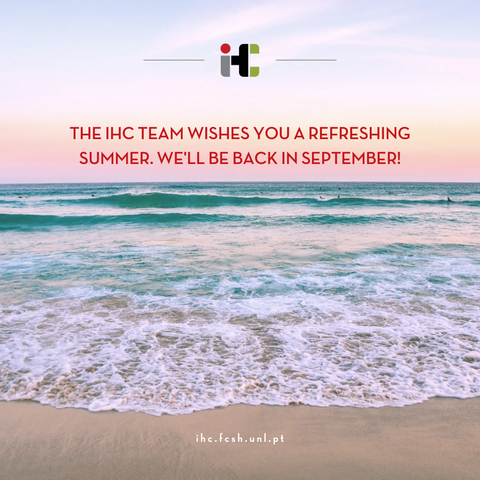 Photograph of the ocean with medium waves reaching the shore. There are some people in the water. The sky is a mix of light blue and pink. Over the sky, it reads "The IHC team wishes you a refreshing Summer. We'll be back in September!"