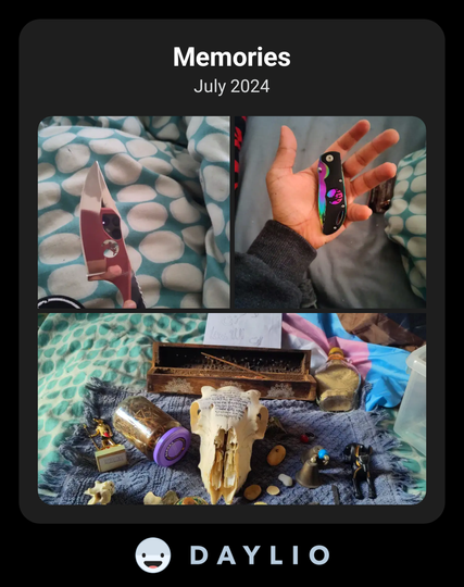 Screenshot of Daylio app captioned "Memories July 2024". 3 photos, 2 of knives and one of an alter with a skull and incense.