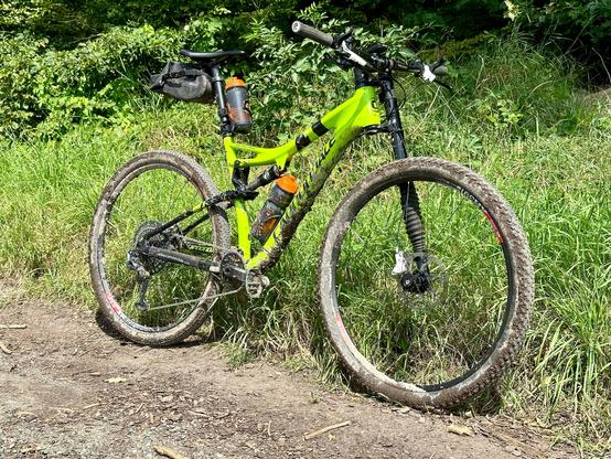 Ein dreckiges, grünes MTB steht am Wegesrand. Dahinter grüne Wiese und Wald