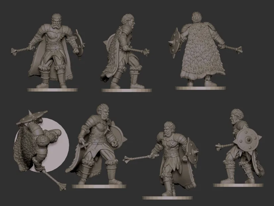 Multiple views of WIP renders of Visigoth barbarian miniatures by Forgemaster Miniatures. The figures showcase a mix of traditional barbarian attire and Roman armour, wielding weapons like maces and shields. The detailed sculpts highlight different angles of the characters.