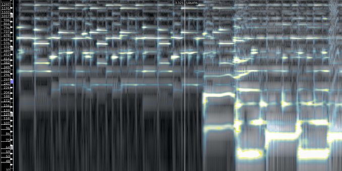 A spectrogram of music in Sonic Visualiser, from the start of Bright Sunny South by Alison Krauss & Union Station