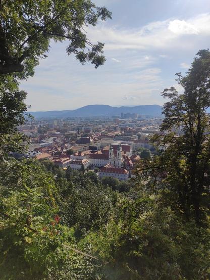Bild von der Grazer Viertel Mariahilf-Lend vom Schloßberg aus gesehen. Eine Kirche mit zwei Türmen ist zu sehen. Im Vordergrund viele Bäume und Büsche.