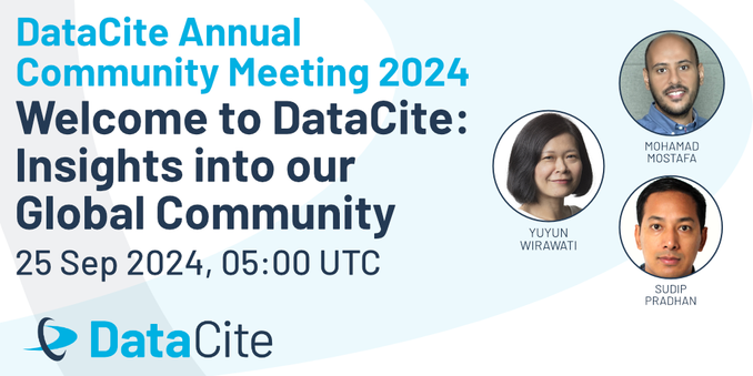 DataCite Annual Community Meeting 2024 promotional image with the text "Welcome to DataCite: Insights into our Global Community" showing event date and time, 25 Sep 2024, 05:00 UTC. Features photos and names