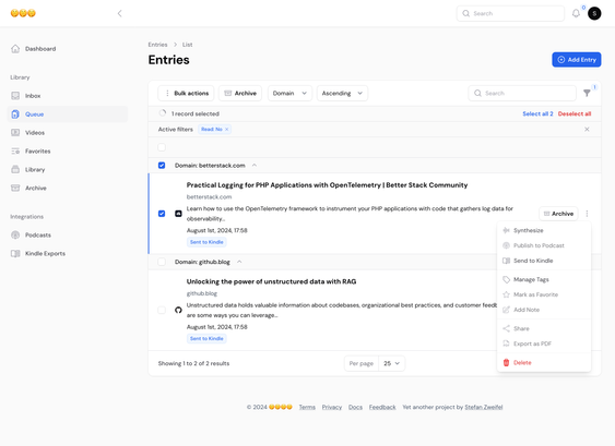 Screenshot of the apps queue view. Showing available actions for each stored entry. For example: Converting text to speech, sending it to a Kindle, adding tags, marking it as a favorite, sharing it, exporting it to a PDF.