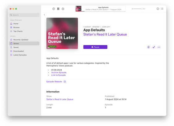 Screenshot of the macOS Podcast app showing the podcast episode generated by my app.