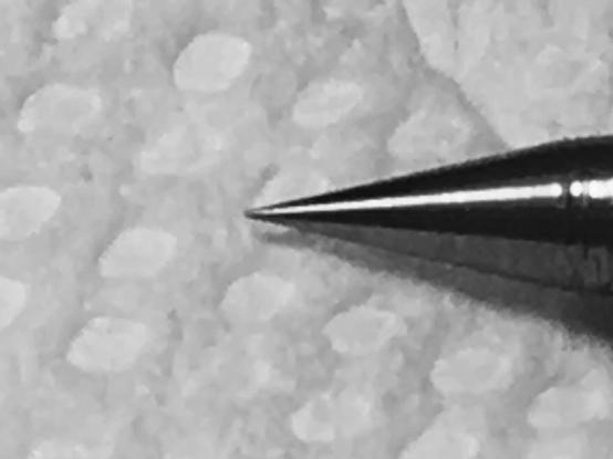 Closeup of broken 1/8” carbide grinding bit sharpened to a point.