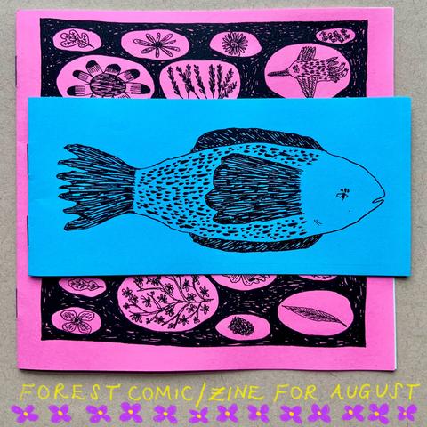 A set of two comics/zines. The comic in front has an illustration of a forceful fish, and the one at the back has a collection of flowers and leaves.
