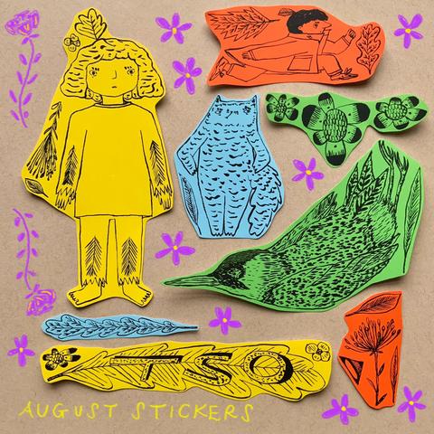 A set of illustrated stickers, featuring Auran the tree sprite, a green woodpecker, Fraser the cat, Detective Tso running fast, and leaves and flowers.