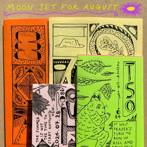 A set of four illustrated zines, with drawings of Fraser the cat, patterns, leaves, flowers, and detective Tso’s hat.
