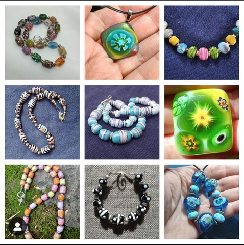 Collage image of my hot glass work, including torchwork and fused glass jewelry