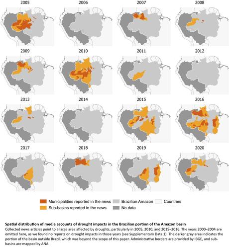 maps over time - Spatial distribution of media accounts of drought impacts in the Brazilian portion of the Amazon basin