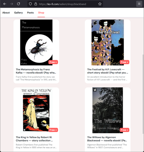 a screenshot of free BLACK BAND ebook offerings at Xalieri's Ko-Fi shop including Kafka's "The Metamorphosis", Lovecraft's "The Festival", Chambers's The King in Yellow, and Blackwood's "The Willows"