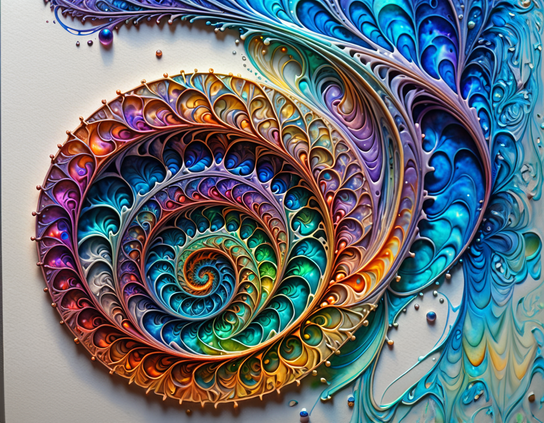 Fractal nautilus shell pattern with rainbow colors, iridescent and feather-like details, and peacock blues. Abstract.