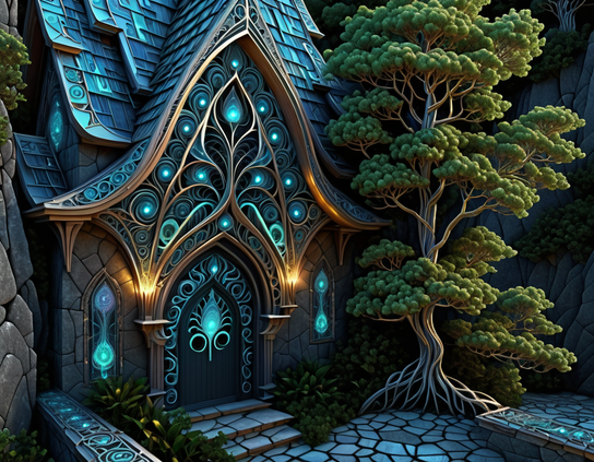 A magical tree stands guard by a druid's fantasy cottage with intricate designs and glowing blue lights, in a charged night-time atmosphere.