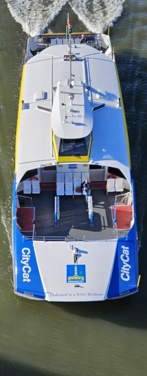 A tightly cropped photo of a a Brisbane City Cat ferry, viewed from directly above