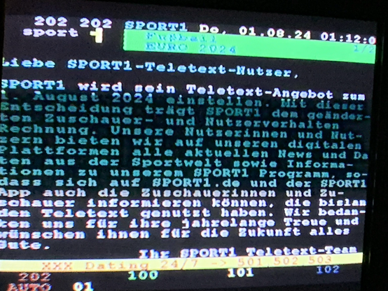 Videotextseite von Sport 1, die die Einstellung des Dienst ankündigt.
