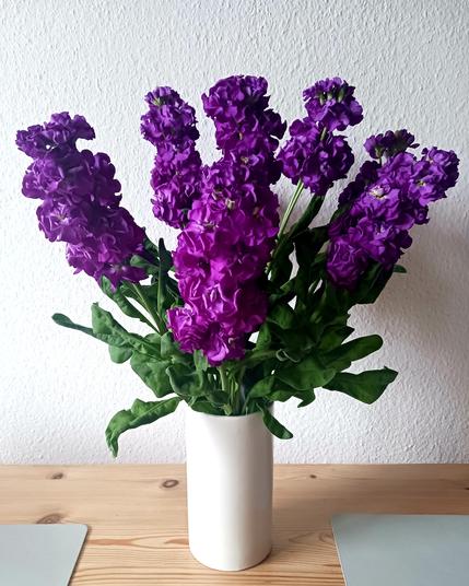 Foto eines Straußes mit violetten Levkojen in einer weißen Vase vor einer weißen Wand.