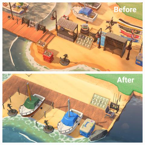 Two Animal Crossing: New Horizons screenshots stacked vertically with a white border around each. The upper screenshot says "Before" and the lower "After." The two screenshots show the same area before and after a renovation. The upper area shows the beach adjacent to the pier with what appears to be a fish market. There are two boats in the north, stalls, a place to sit, and some lighting as a beach-path leads to the pier. There are crates of fish stacked up and some barrels shown in the background. It is cluttered. The lower area shows two very well defined boat docks with anchors immediately next to them. Each boat is boxed in with rope fencing. There is a small fishing area to the right of the screen with a chair and fishing pole rack set up. A boardwalk (custom design) is shown on the beach from the fishing area across the north side of the boats and wraps around the beach toward where the pier should be, which is not shown.
