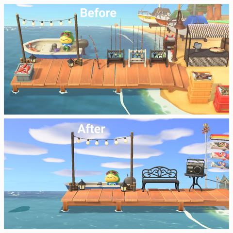 Two Animal Crossing: New Horizons screenshots stacked vertically with a white border around each. The upper screenshot says "Before" and the lower "After." The two screenshots show the same area before and after a renovation. Both images show the pier on the edge of the beach with Kapp'n sitting in his boat behind it. At the end of each pier is an archway with light bulbs above it. The upper image has three racks of fishing poles and a fishing pole just sitting out. At the end of the pier is a crate filled with red fish. To the left on the beach can be seen more fish crates, a small fish sales booth, and some boats in the distance. The lower image has a black, park bench and a small table with a radio on top of it next to the arch. In the distance is a set of fish flags flying in the breeze.