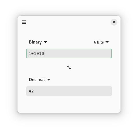 A binary window converting 101010 in octal to 42 in hexadecimal