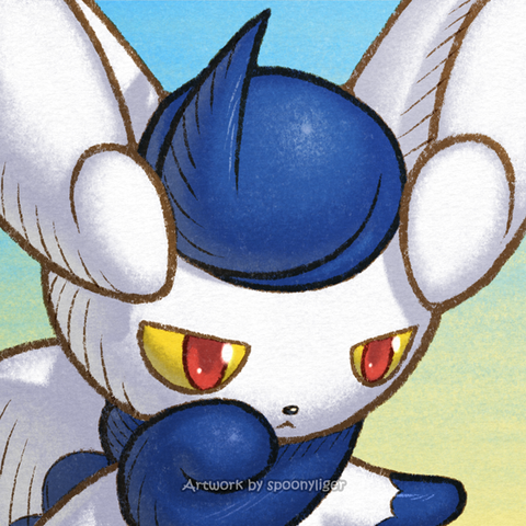 Digitally handmade profile artwork of a female Meowstic Pokémon facing forward towards the right side of the image at a 3/4 angle with a stoic facial expression, on a blue-to-yellow gradient background.