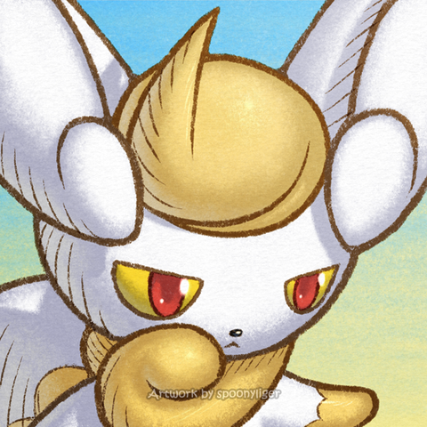 Digitally handmade profile artwork of a shiny female Meowstic Pokémon facing forward towards the right side of the image at a 3/4 angle with a stoic facial expression, on a blue-to-yellow gradient background.