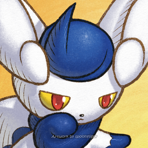 Digitally handmade profile artwork of a female Meowstic Pokémon facing forward towards the right side of the image at a 3/4 angle with a smiling facial expression, on an orange gradient background.