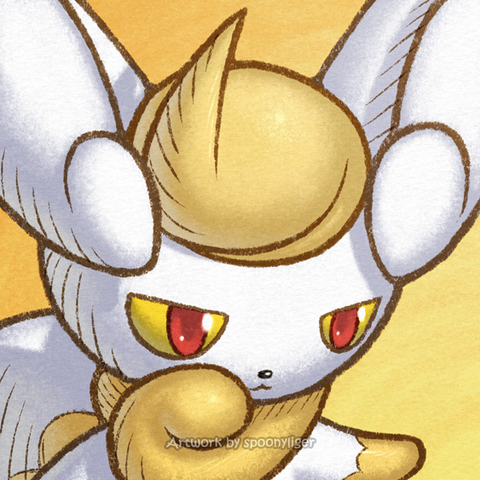 Digitally handmade profile artwork of a shiny female Meowstic Pokémon facing forward towards the right side of the image at a 3/4 angle with a smiling facial expression, on an orange gradient background.