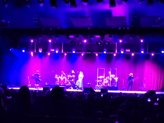 Unscharfes Bild einer Bühne (rosa/blaues Licht) mit der Band von Marisa Monte. In der Mitte sitzt sie.