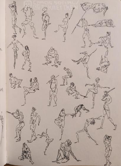 Black ink on paper

Various quick sketches of people, mostly drawn in few lines.