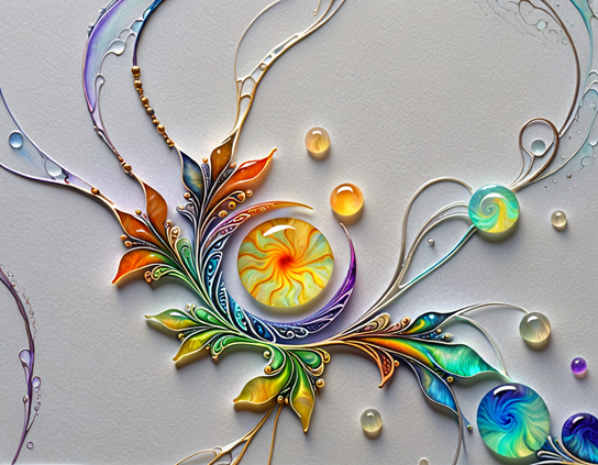 Close up of connected rainbow hued orbs and organic shapes in brilliant jewel-like colors, with intricate patterns, vibrant colors, and leaf-like elements with a delicate gradient, all tied together by threads and wires, on a plain background. .