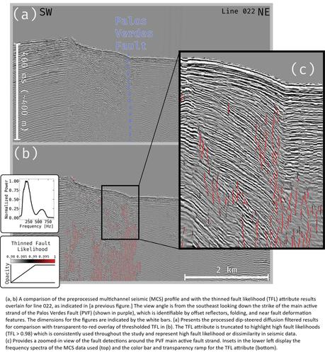 seismic geophysical cross-sections - A comparison of the preprocessed multichannel seismic (MCS) profile and with the thinned fault likelihood (TFL) attribute results overlain for line 022...