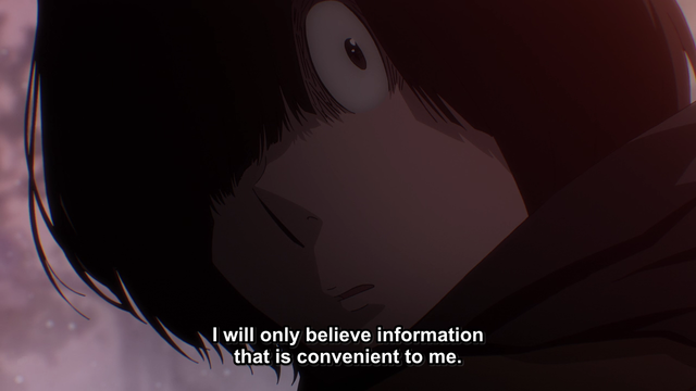 An anime boy with one eye covered by his bangs
Subtitle: I will only believe information that is convenient to me.