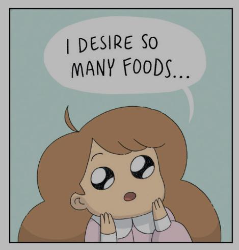 A square comic panel from Bee and Puppycat with Bee, looking up dreamily, eyes big and round, mouth agape, and hands on her cheeks, as she says, “I desire so many foods…”. The panel’s backdrop is a pleasing pastel turquoise.