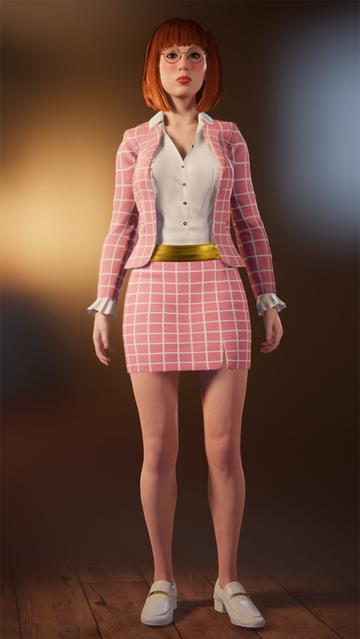 Screen capture of fully dressed Business Lety from the House Party character customizer. From top to bottom, Lety is seen wearing round gold-rimmed glasses, an open pink blazer with white grid lines, a white long-sleeve button-up shirt, a gold belt, a pink skirt with white grid lines, and white pumps with a gold chain accent.