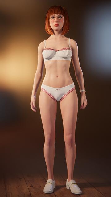 Screen capture of partially undressed Business Lety from the House Party character customizer. From top to bottom, Lety is seen wearing round gold-rimmed glasses, a white bralette with pink lace trim, a white and gold watch on her left wrist, white panties with pink lace trim, and white pumps with a gold chain accent.