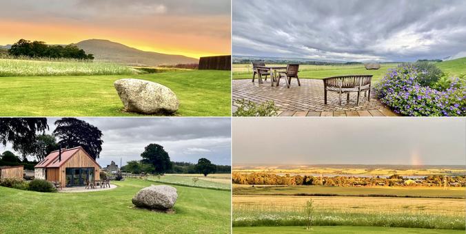 Four photo collage. Top left: large stone in foreground, cut green grass, wild flowers, deep green copse of trees, leading to rounded grey/ blue hill, orange red sun setting behind hill. Top right: patio and furniture, purple flowers on right, cut green grass, wild flowers, leading to grey/white moody skies. Bottom right: wild flower border, yellow barley fields leading to golden coloured trees, strip of water and over the firth. The beginnings of a rainbow. Golden sunset sheen. Bottom left: large grey stone, cut grass, honey larch-clad and stone cottage, patio area some large deep green trees.