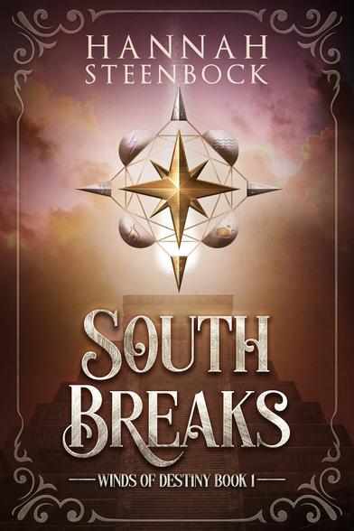 Cover of “South Breaks, Winds of Destiny Book 1”, by Hannah Steenbock.

The brown-yellowish cover shows an Aztec Pyramid on a cloudy background. Above the pyramid, a silver compass rose hovers in a ball of energy, with four points and four bubbles between them.

The South point is golden, the rest are silver. Swirls decorate the outer edge of the cover.