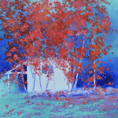 Impressionist oil painting of Japanese Maple trees in autumn. The red leaves contrast brightly with the surrounding blues, emerald greens and violets.