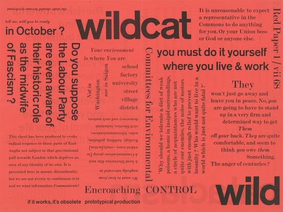 A large polemical broadsheet, hand-set and printed directly from metal type in black on red paper. Lines and paragraphs of type in varying sizes are interlocked in four different rectilinear orientations. A reader may need to rotate the sheet to read everything. Down one edge are the title and date: Red Paper 1 / vii 68