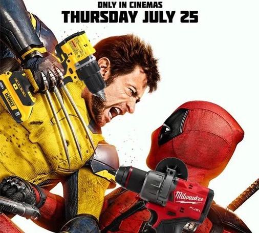 Movie poster of Deadpool and Wolverine. Deadpool holding a red Milwaukee power drill and Wolverine holding a yellow one. Their power drills match their specific outfit.